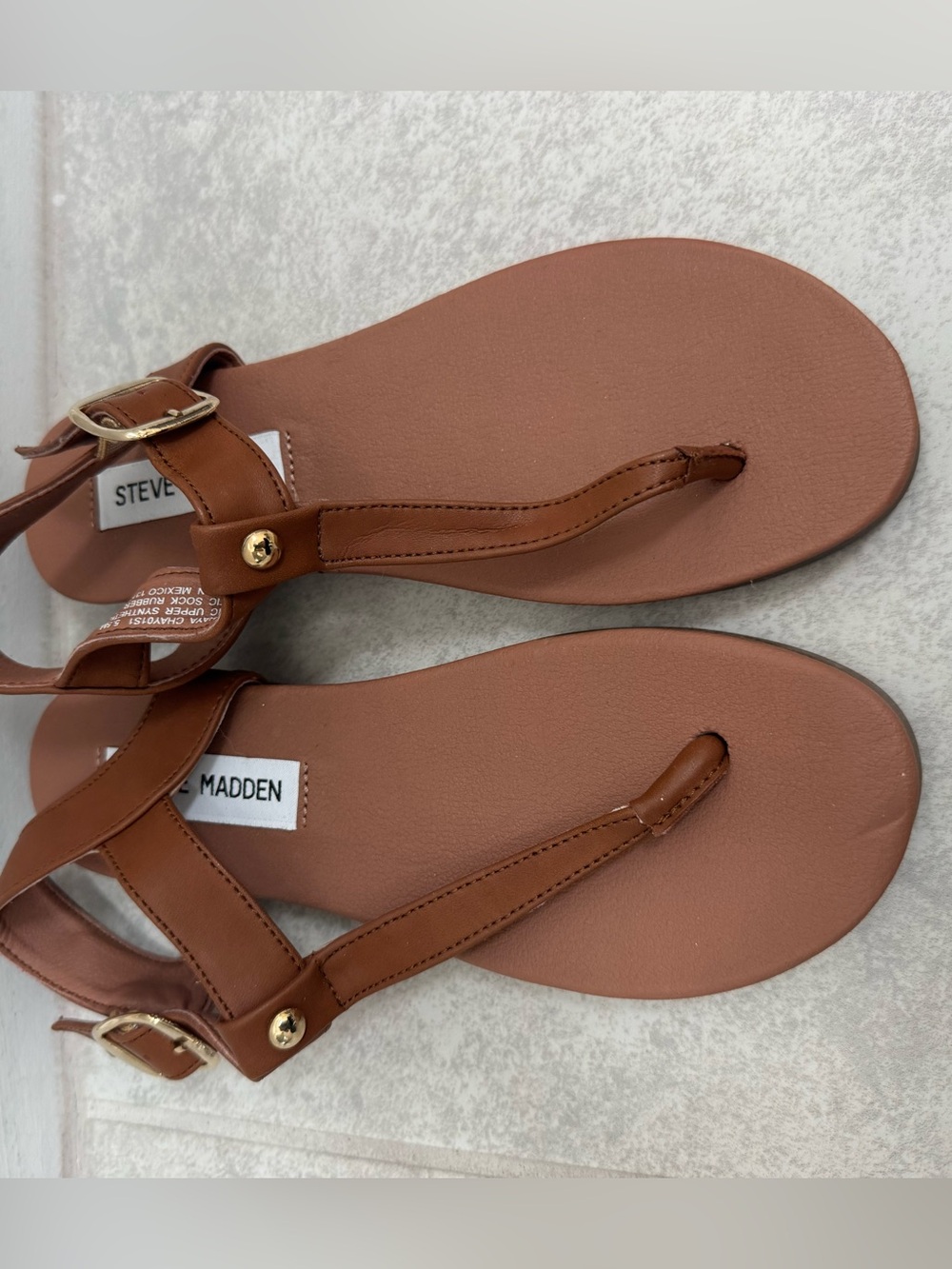 Steve Madden Tan Brown T-Strap Sandals with Gold Buckle